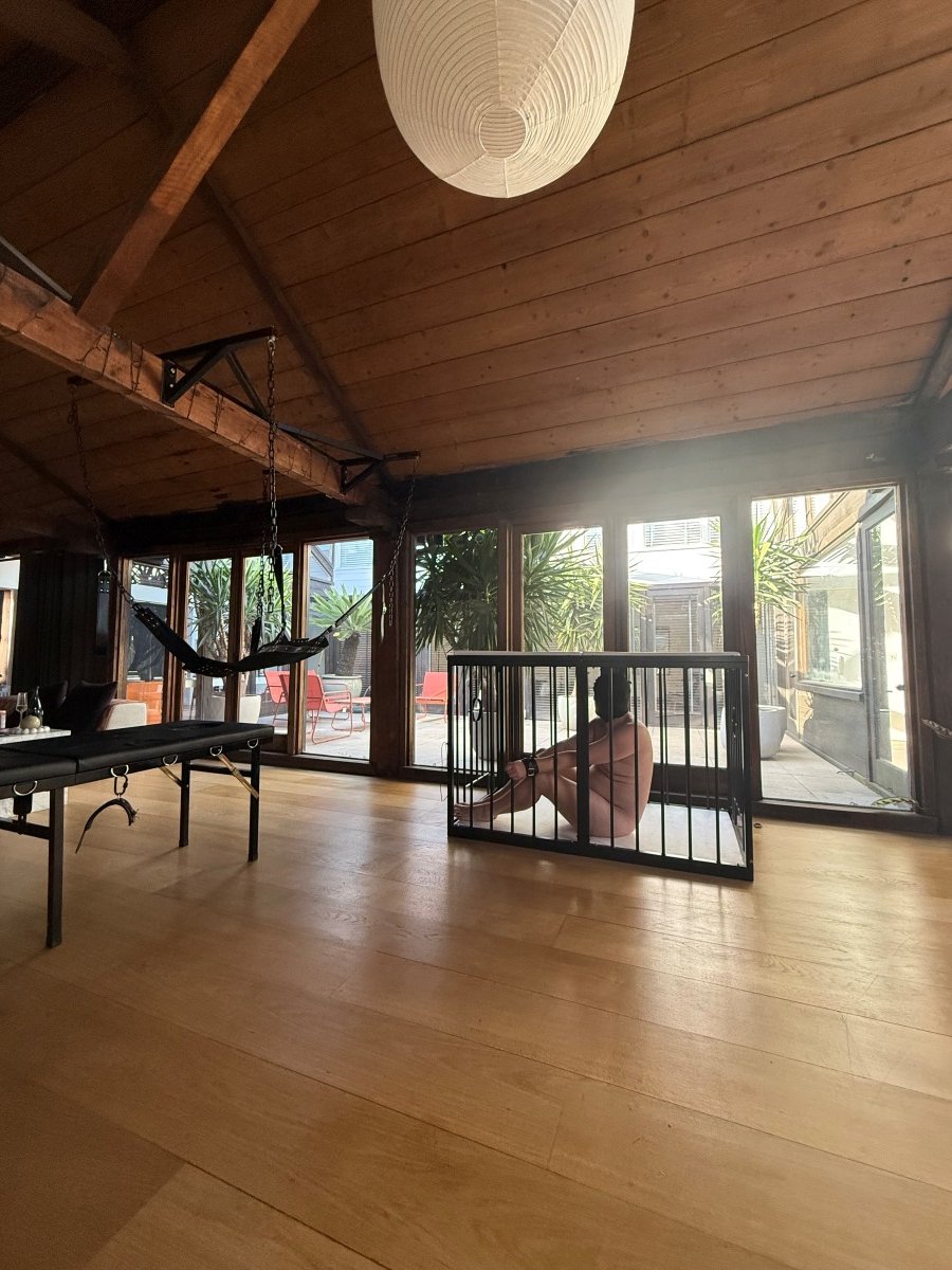 Wooden loft with hammock, massage table, large windows, and person sitting inside black metal cage.